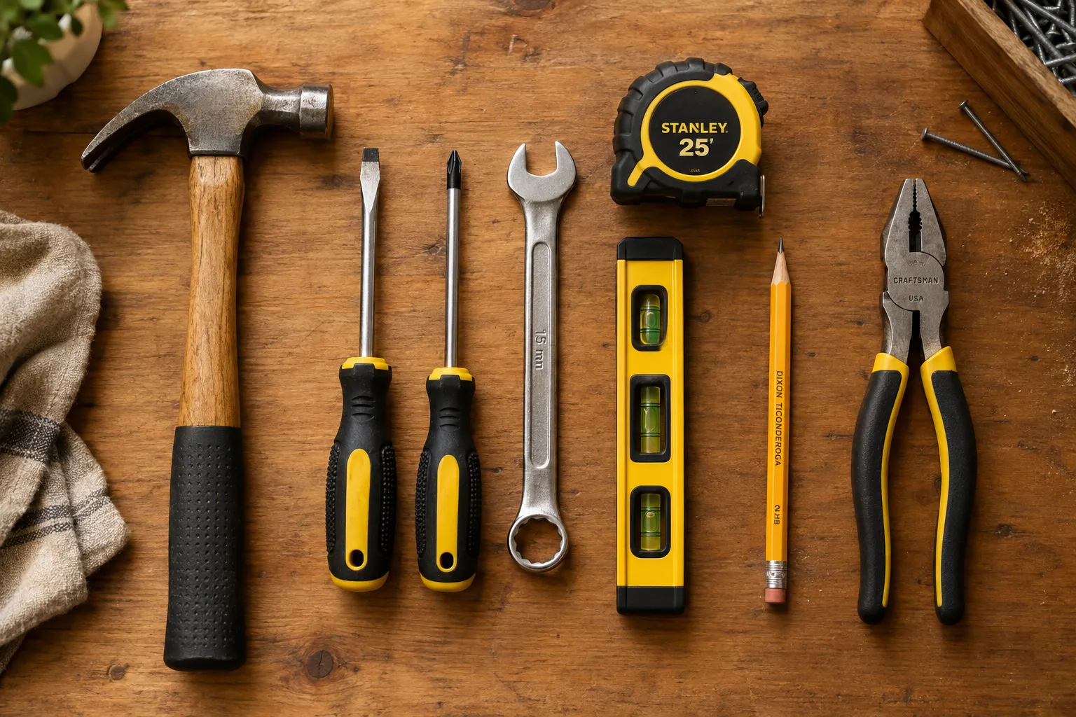 Professional handyman tools arranged on a wooden workbench